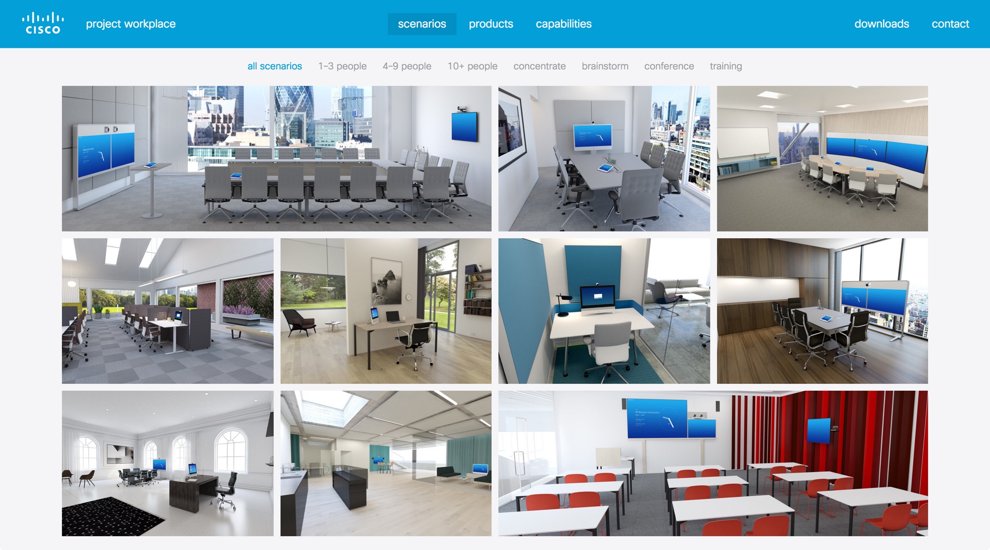 Landing page showing meeting room renders on desktop