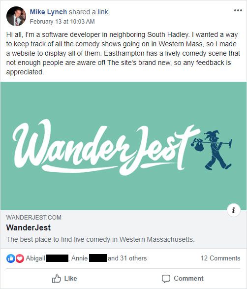 Screenshot of initial WanderJest announcement on Facebook
