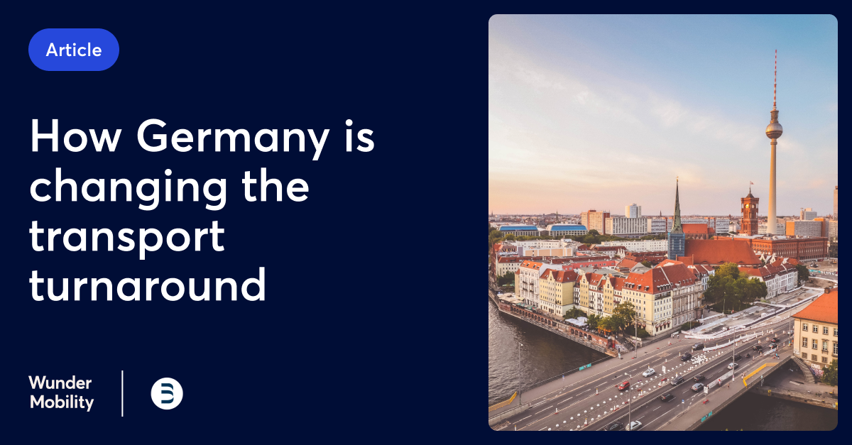Template in dark blue with Berlin view and copy about how Germany is changing the transport turnaround.