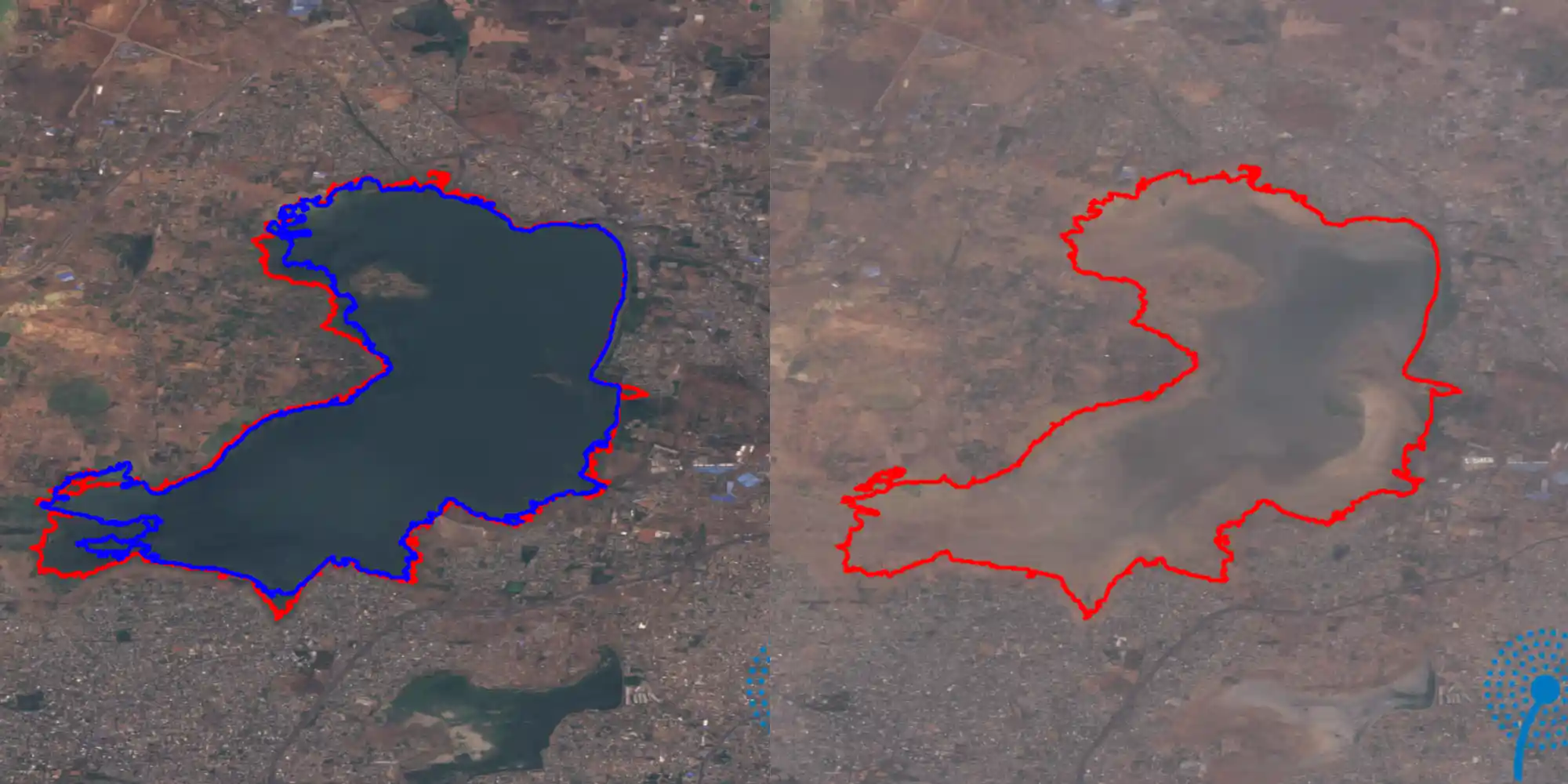 The image on the left is dated 6th May 2018. Within a year (6th June 2019), the surface level of the reservoir has almost completely vanished.
