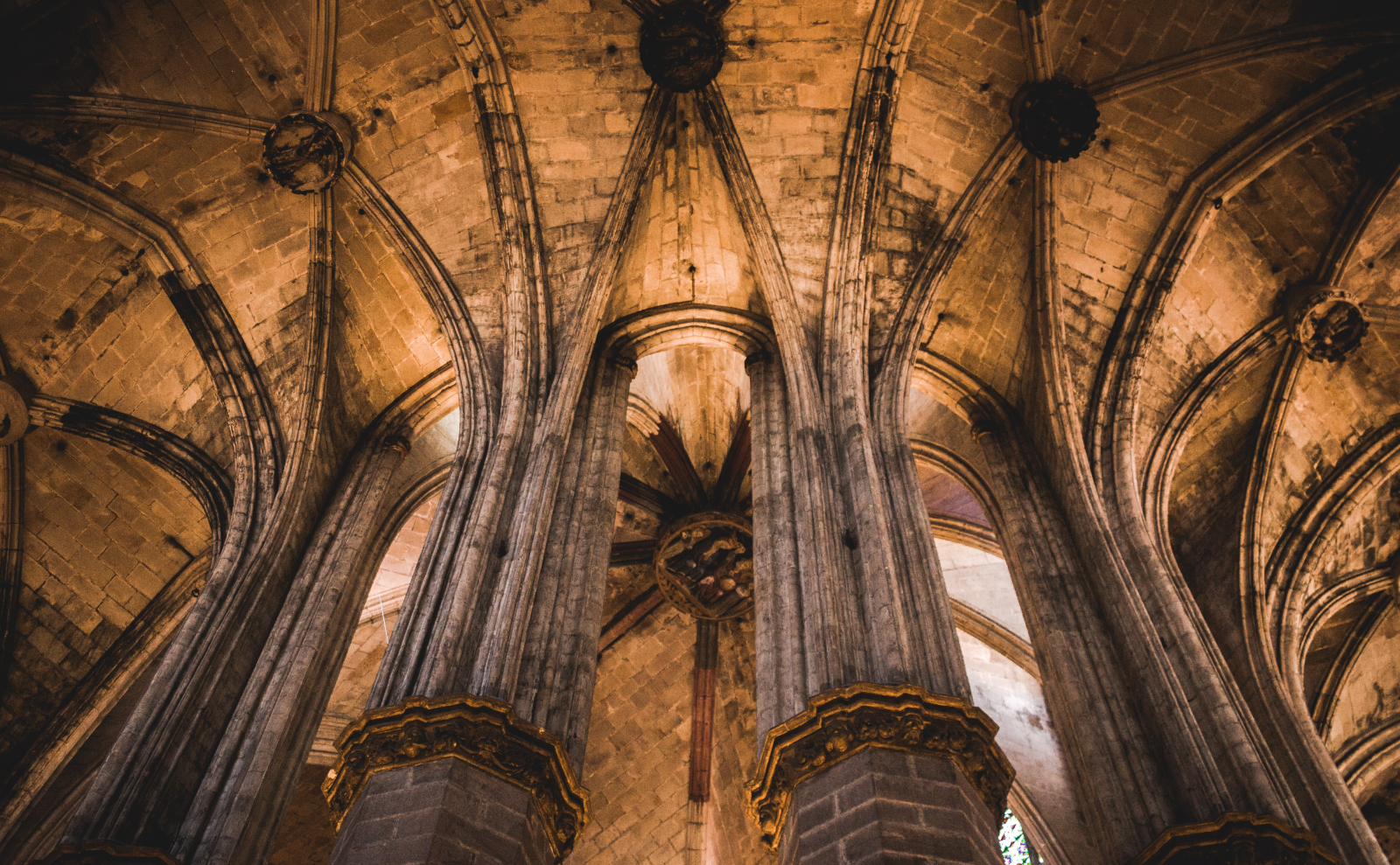 vaulted gothic ceiling of the basilica of santa maria del mar in barcelona, spain