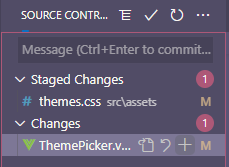 VS Code git panel showing the css file as staged and indicating the add icon for ThemePicker.vue