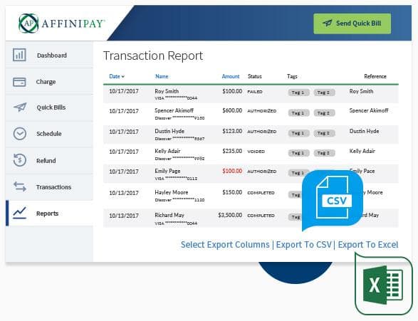 Affinipay Transaction Report with prominently placed file export buttons