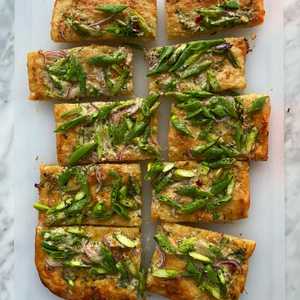 Spring asparagus and snap pea flatbread