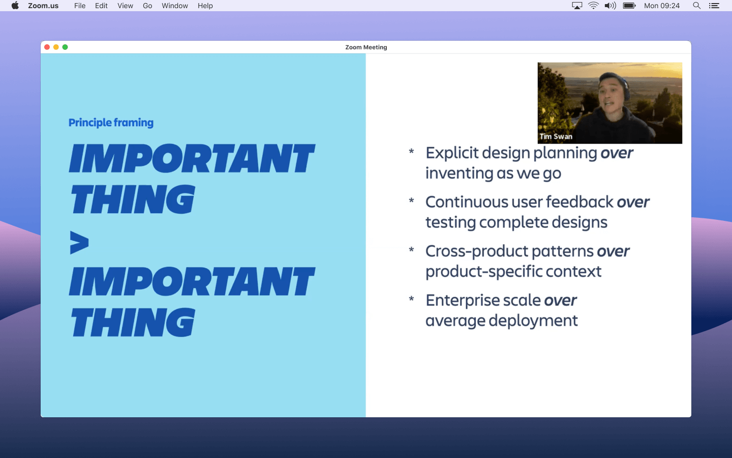 A screenshot of the Zoom presentation where I presented the framing of our principles