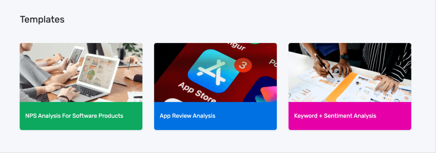 App review analysis template button showing machine models included: sentiment analysis, topic classification, and keyword extraction.