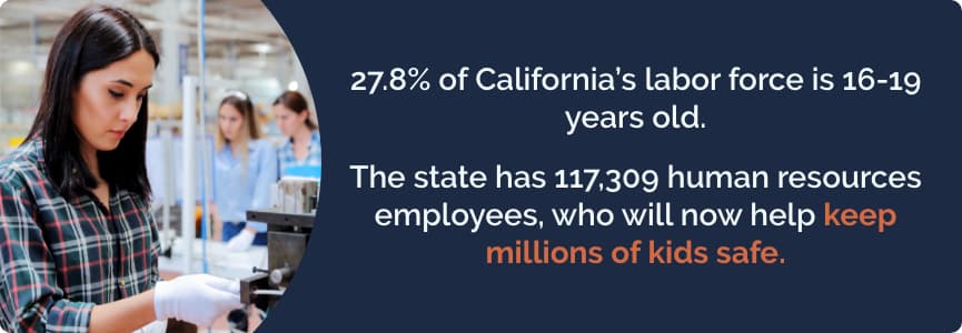 Image of a young woman in the workplace. 27.8% of California’s labor force is 16-19 years old. The state has 117,309 human resources employees, who will now help keep millions of kids safe.