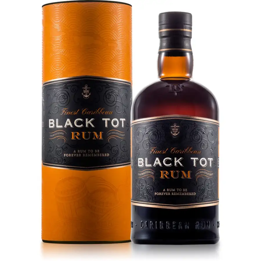 Image of the front of the bottle of the rum Black Tot Rum