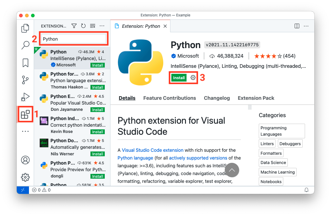 Installing the Python extension in Visual Studio Code.