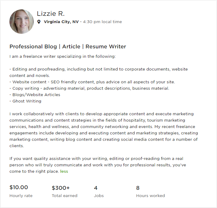 Screenshot of Lizzie R's Upwork profile page