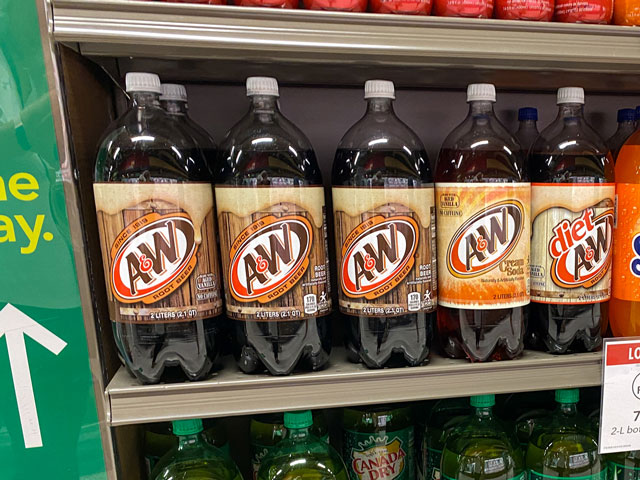 A&W Regular Root Beer and A&W Diet Root Beer in two-liter bottles on a shelf