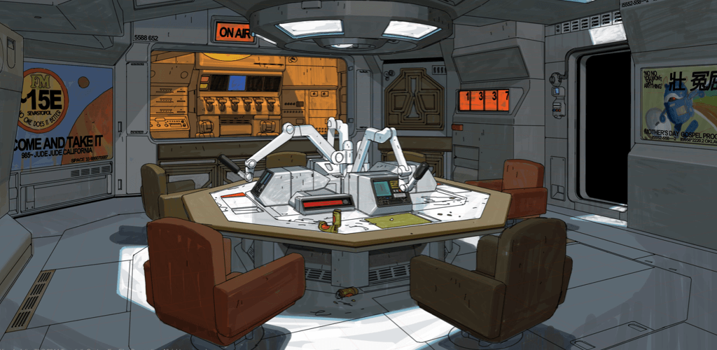 Concept art from Edouard Caplain for Alien: Isolation, showing a room in a spaceship, a table surrounded by comfortable red chairs. On the table some technical apparatus.