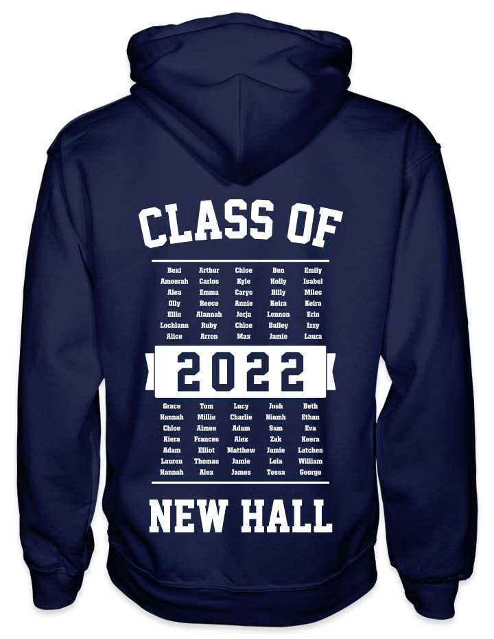 leavers hoodies list of names background design with class of printed across shoulders, names in a list, school name printed at the bottom