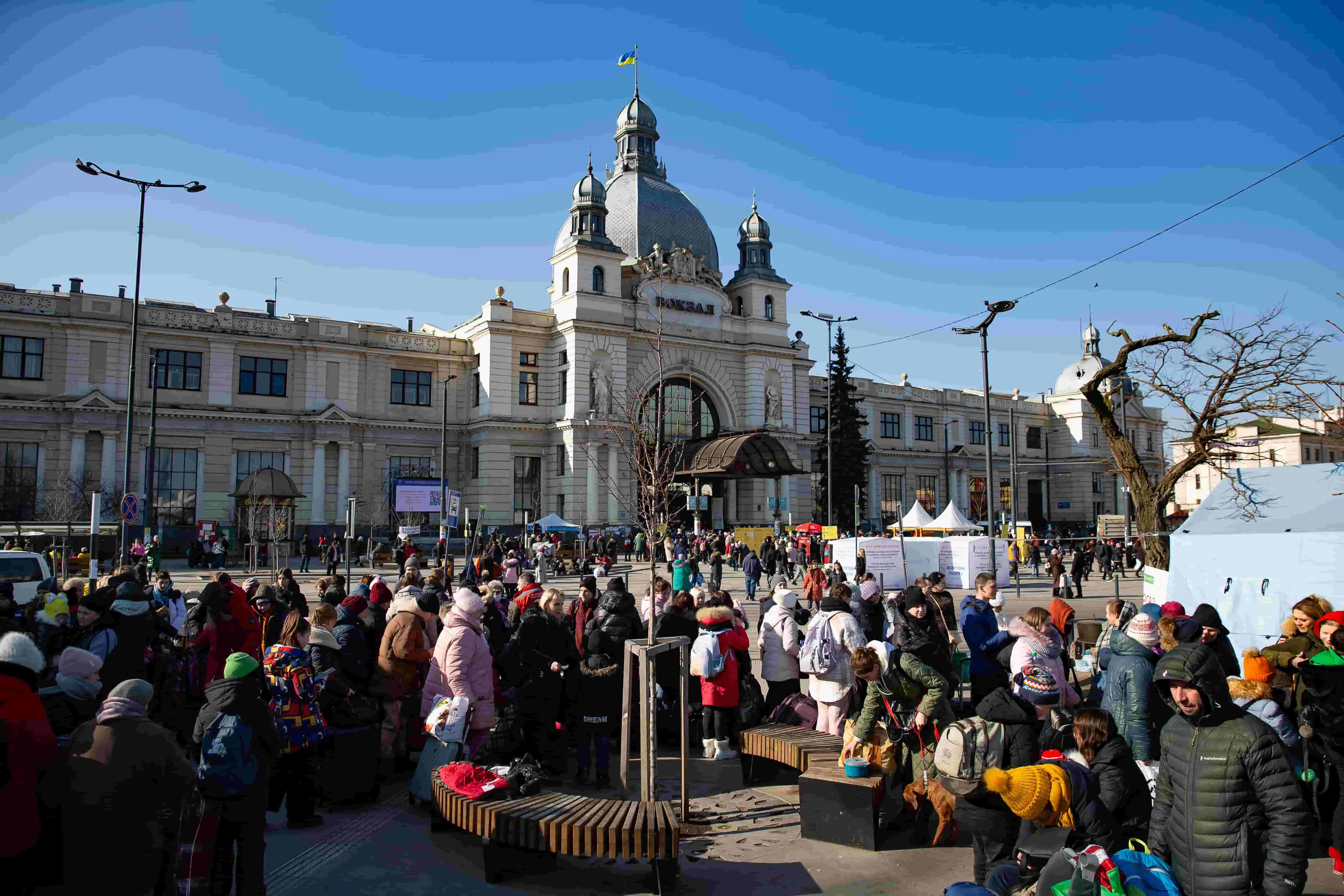 Tens of thousands of people are evacuating through the train station at Lviv in Ukraine.