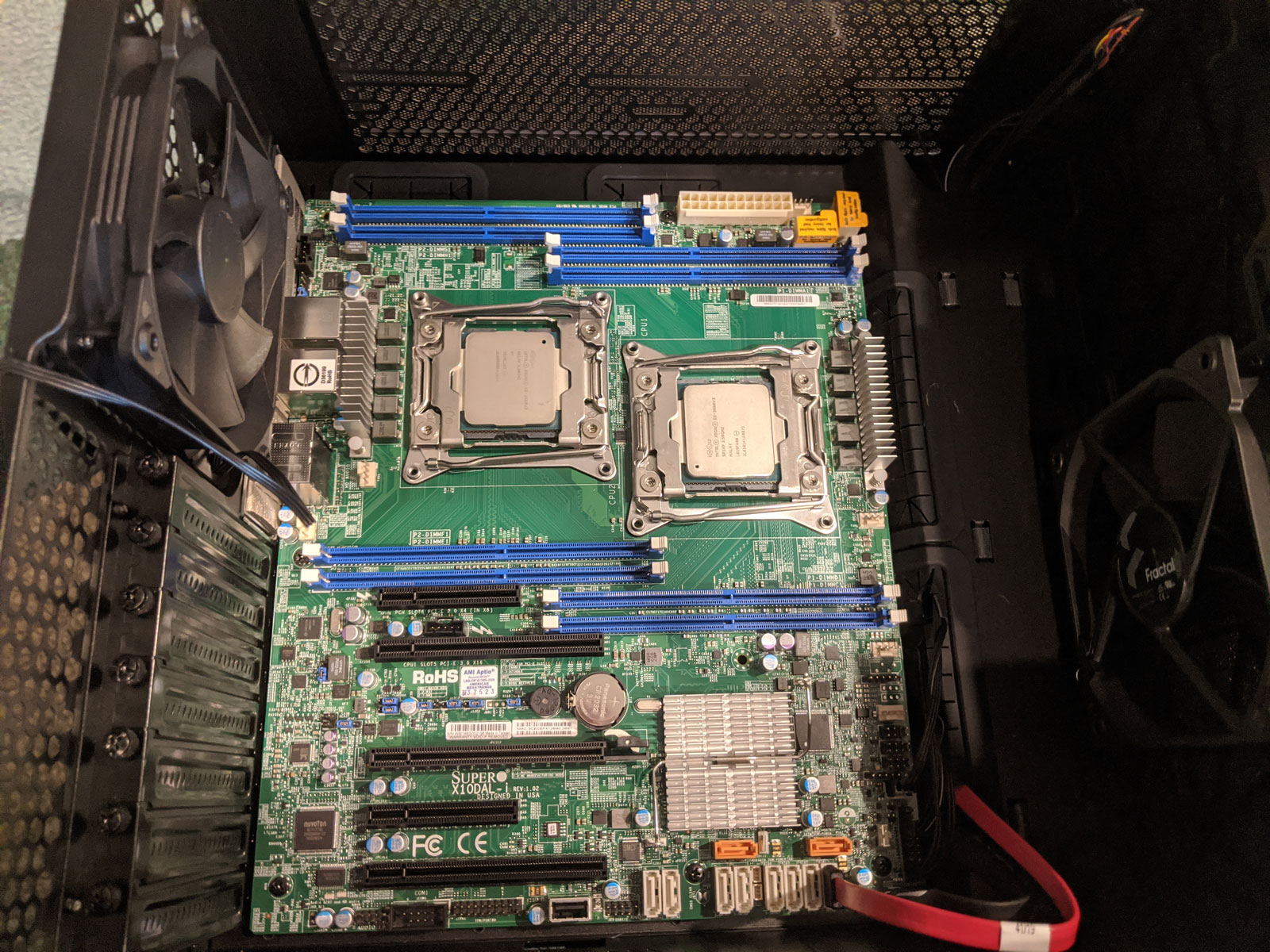 Photo of motherboard with CPUs installed