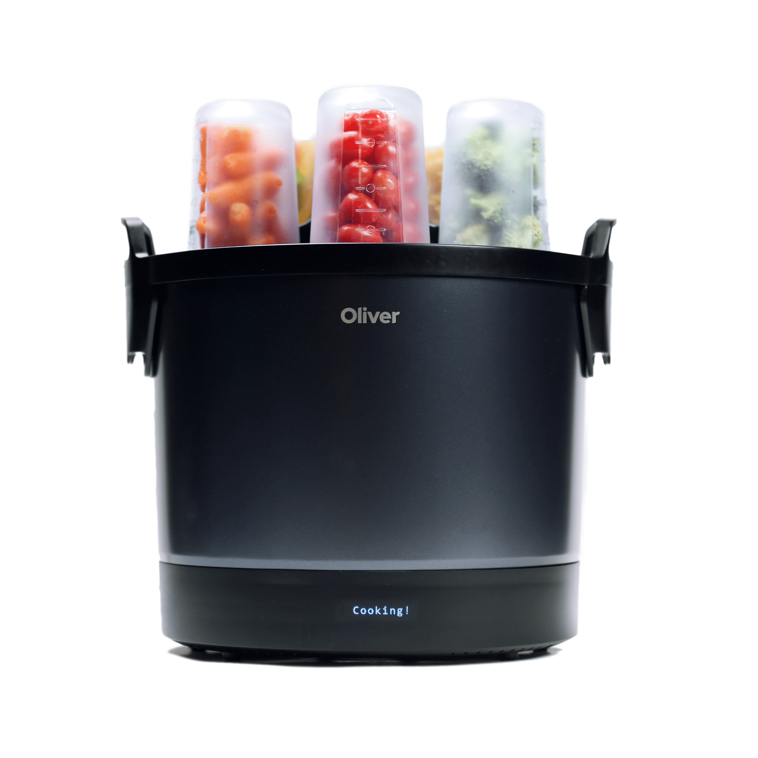 Front profile view of the black Oliver unit (smart Kitchen robot) jars full of ingredients. Oliver is a smart kitchen appliance.