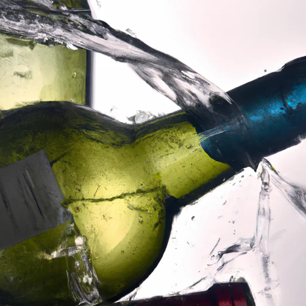An image of a wine bottle being crushed by water pressure, with a few intact bottles in the background.