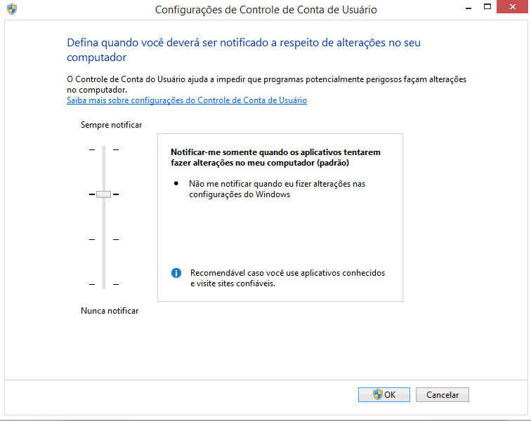 Configurações de conta de usuário, nível recomendado