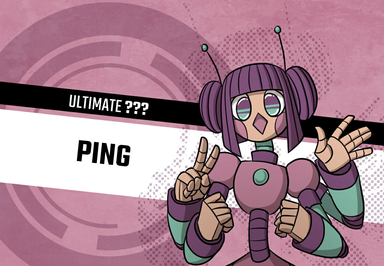 Introduction card for Ping, the Ultimate ???. She's a robot with four arms, a round cartoonish face, two "hair" buns like Princess Leia, and antennae.