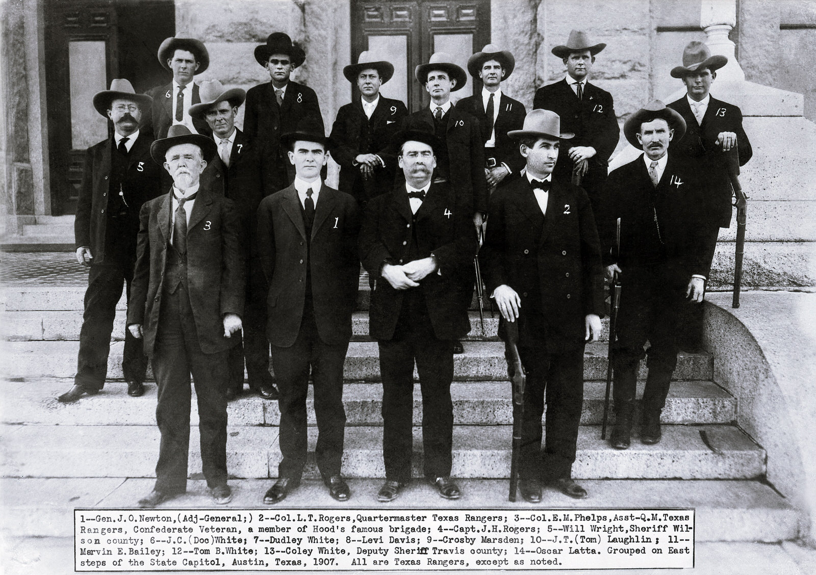 A group of Texas lawmen that includes Tom White (No. 3) and his three brothers, Doc (No. 1), Dudley (No. 2), and Coley (No. 4)