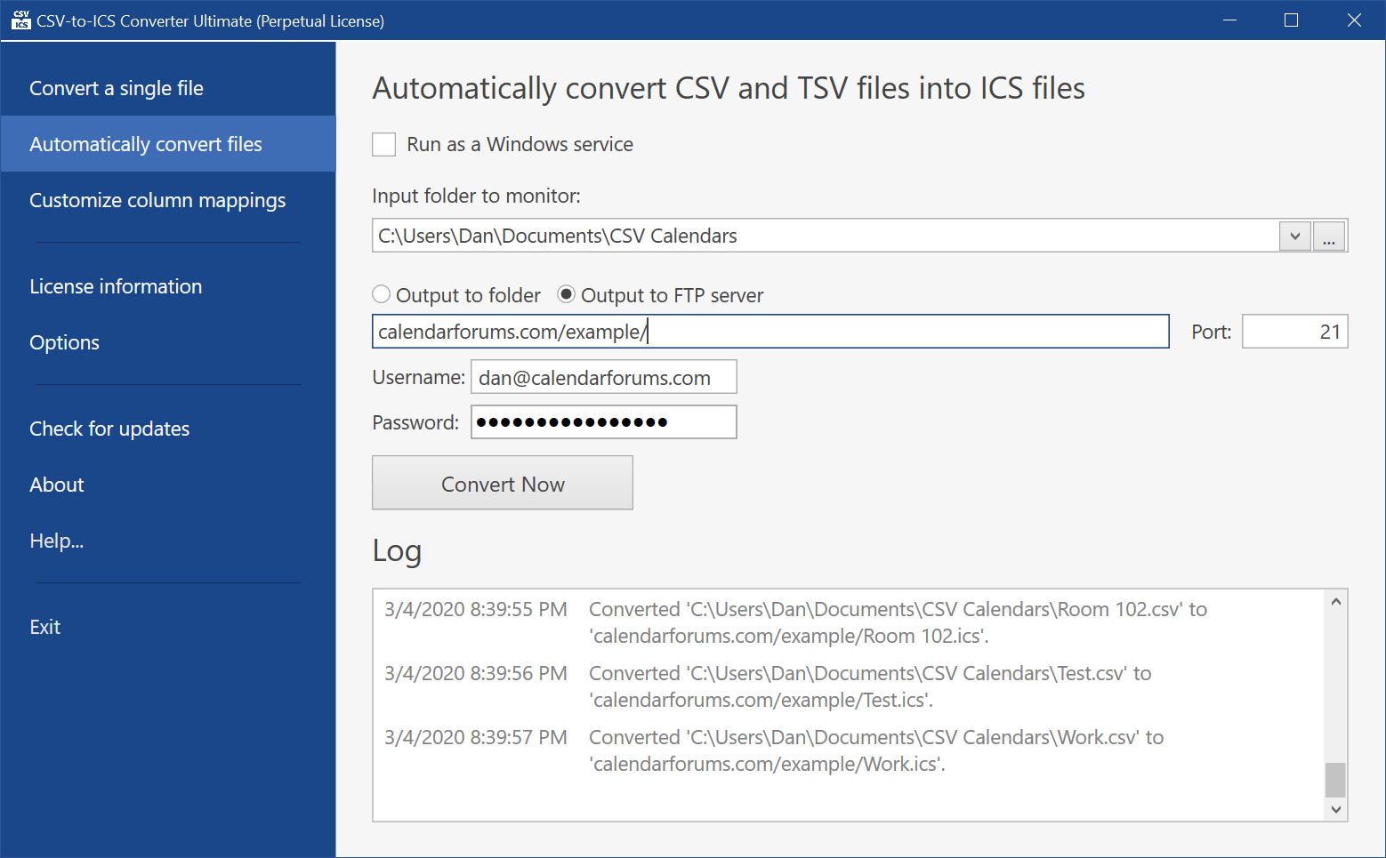 An FTP server can be specified. Whenever a CSV file is automatically converted into an ICS file, the generated ICS file will be uploaded to the specified FTP server.