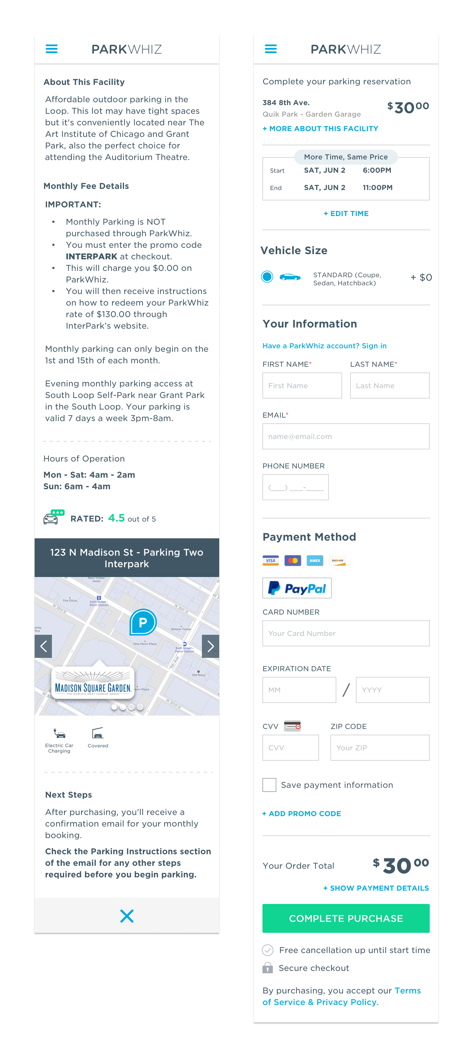 // On the left is a preview of the transient checkout page on mobile web. On the right this page is what the user sees when they select the “More About This Facility” link, which expands in the right column on the desktop view.
