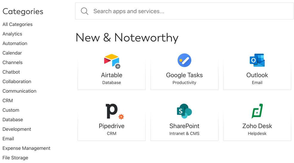 Digital Assistant App Directory showing popular business apps