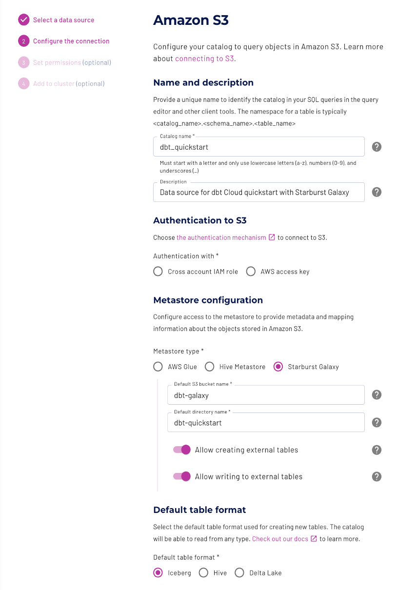 Amazon S3 connection settings in Starburst Galaxy