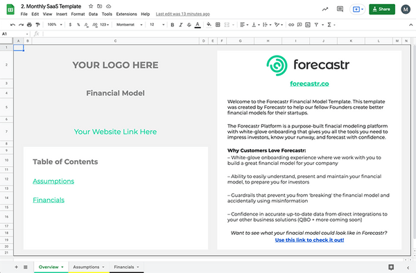 Screenshot: Excel financial model cover page