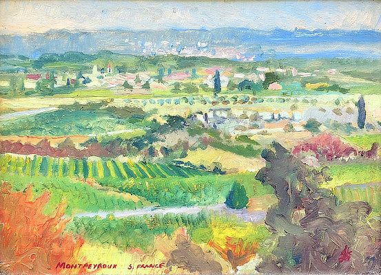 light colourful landscape painting of farmland
