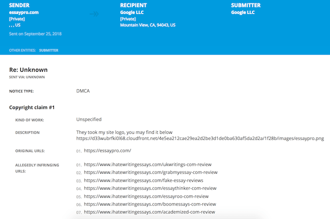Fake DMCA takedown made by NetFix LLC on behalf of EssayPro.com