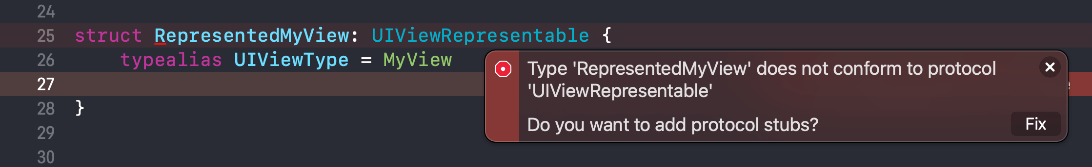 Type 'RepresentedMyView' does not conform to protocol 'UIViewRepresentable'