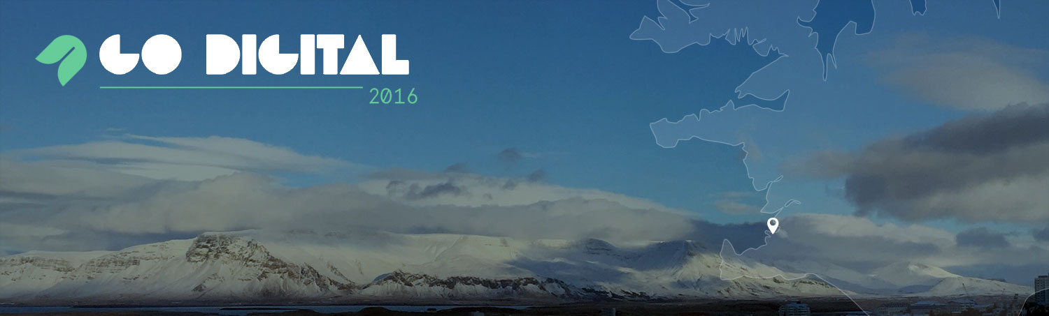 Panoramic photo of Iceland mountains with conference logo over it.