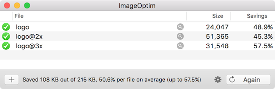 Filesize savings after optimizing images with the ImageOptim program
