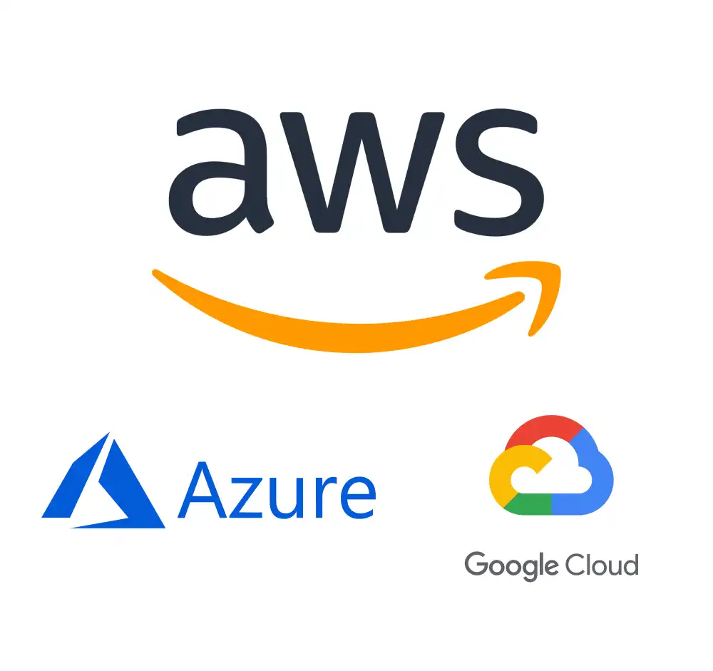 Dekorativt bilde. Logoene til Azure, AWS og Google Cloud på hvit bakgrunn.