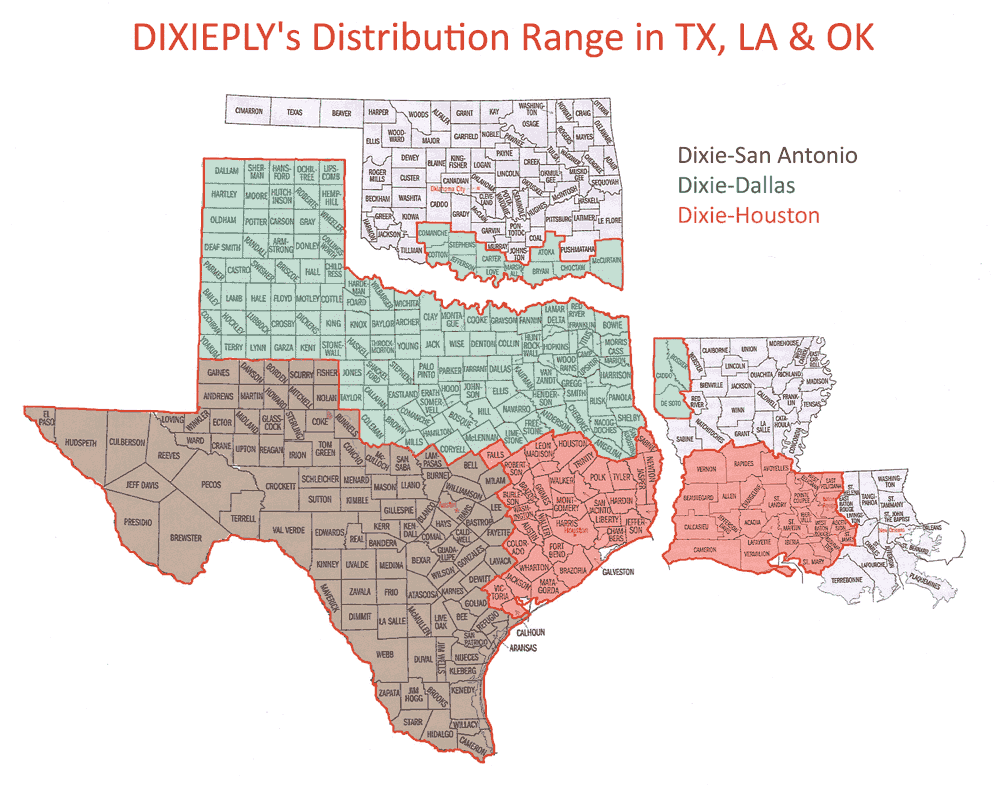 DIXIEPLY TX, LA and OK distribution map