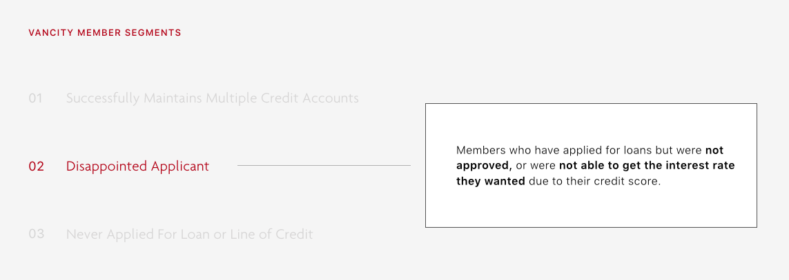 The member segment we chose to design for: the disappointed applicant.