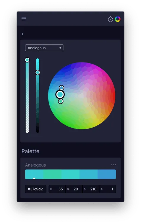 The color harmonies tab of Swach, showing a color wheel and color palette.
