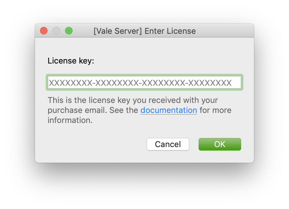 A screenshot of Vale Server's 'Enter License' dialog.