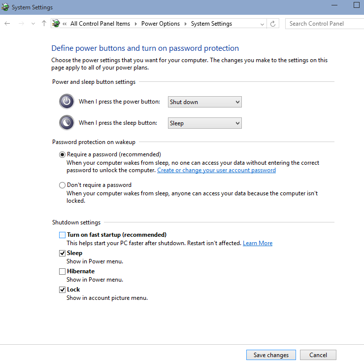 Windows Fast Boot configuration page