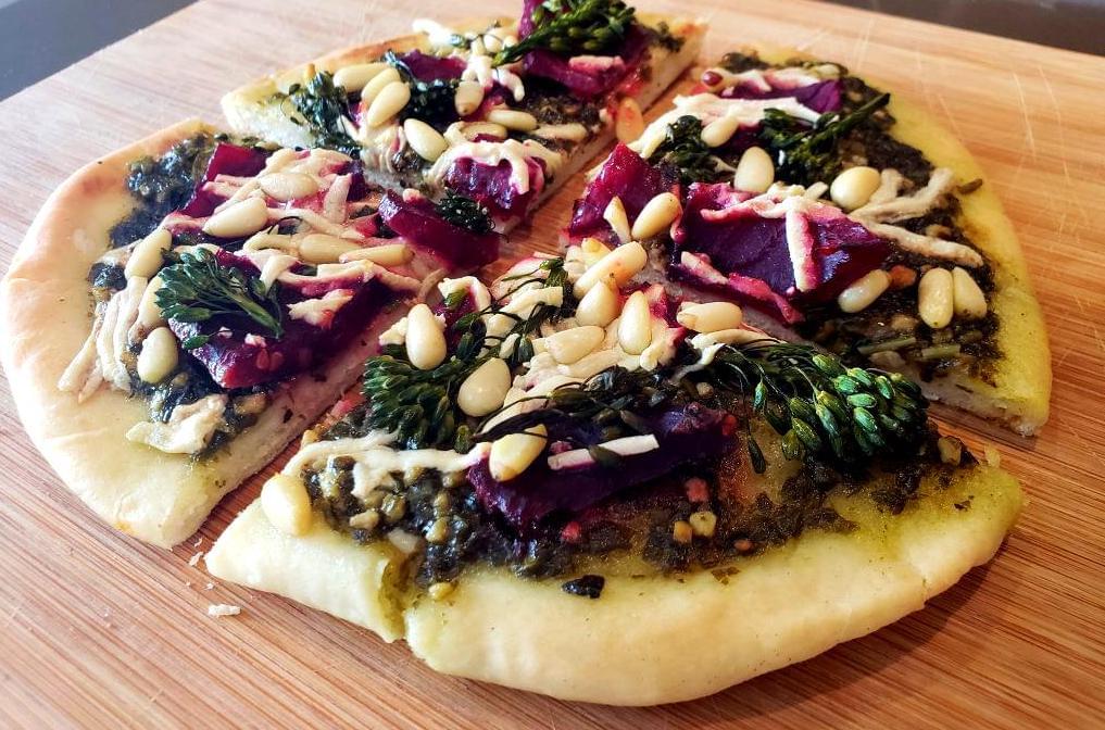 Balsamic beet flatbread with pine nuts