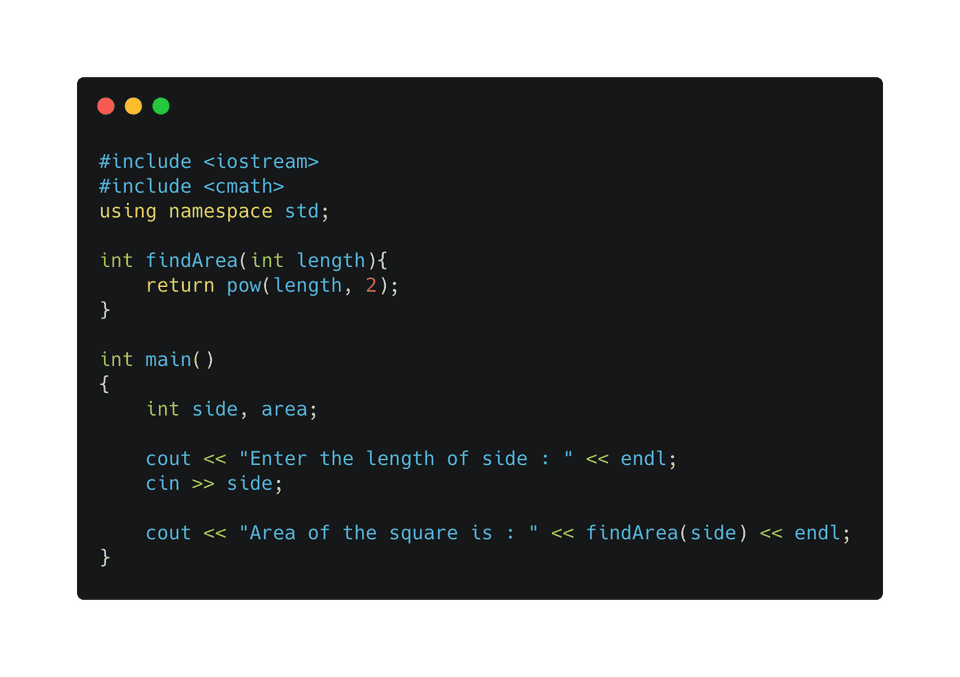 C++ program to find the area of a square using three different methods ...