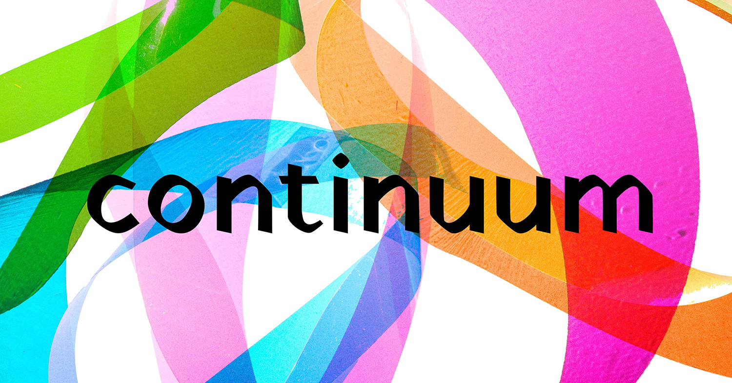 banner reading continuum with overlapping green, pink, blue, and orange mobius strips in the background