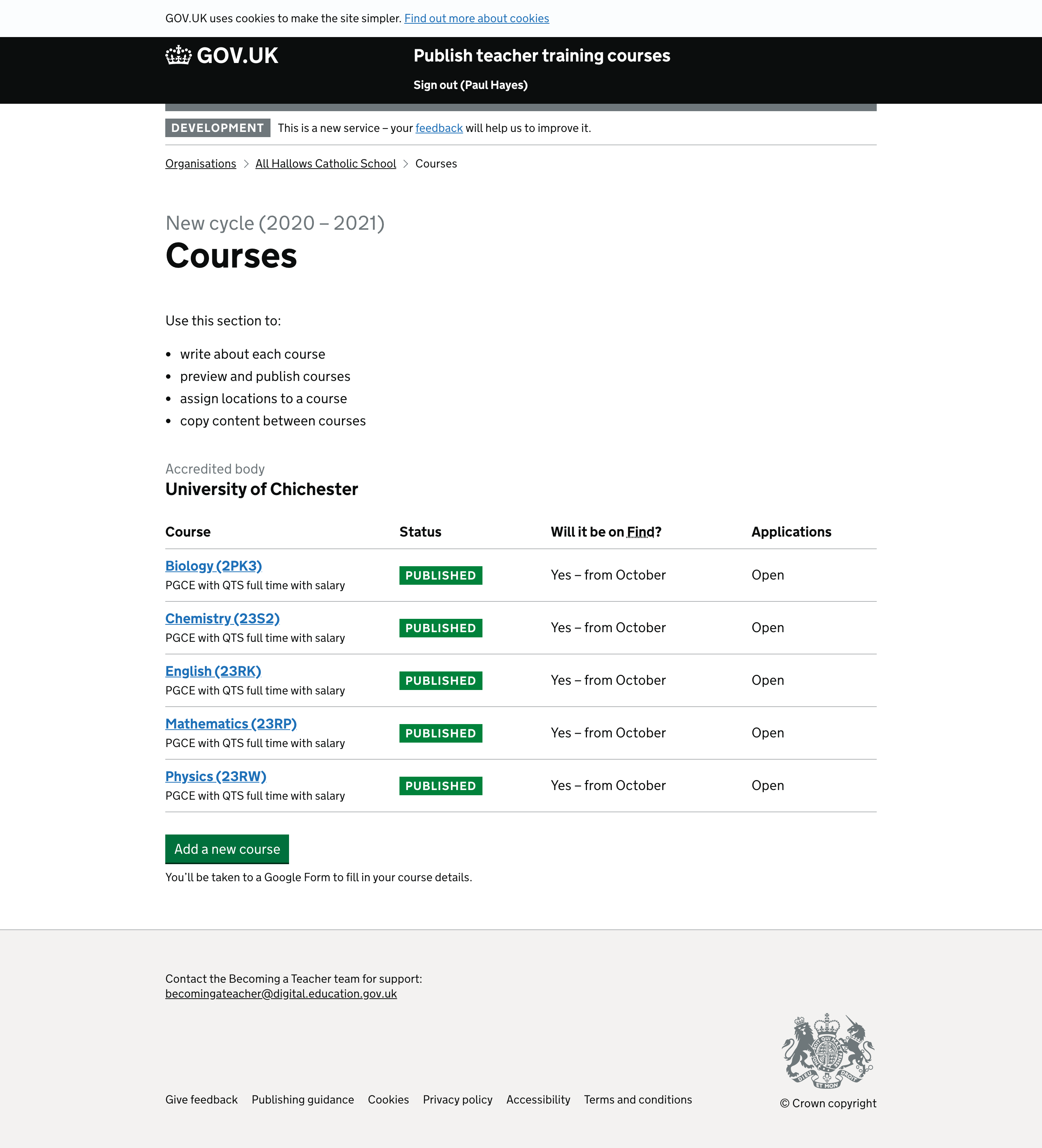 Screenshot of Courses after old cycle closed but new cycle not yet open