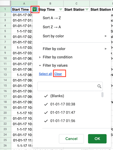 The drop-down menu that appears in Google Sheets when you click on the filter icon next to a column. The "clear" option has been selected