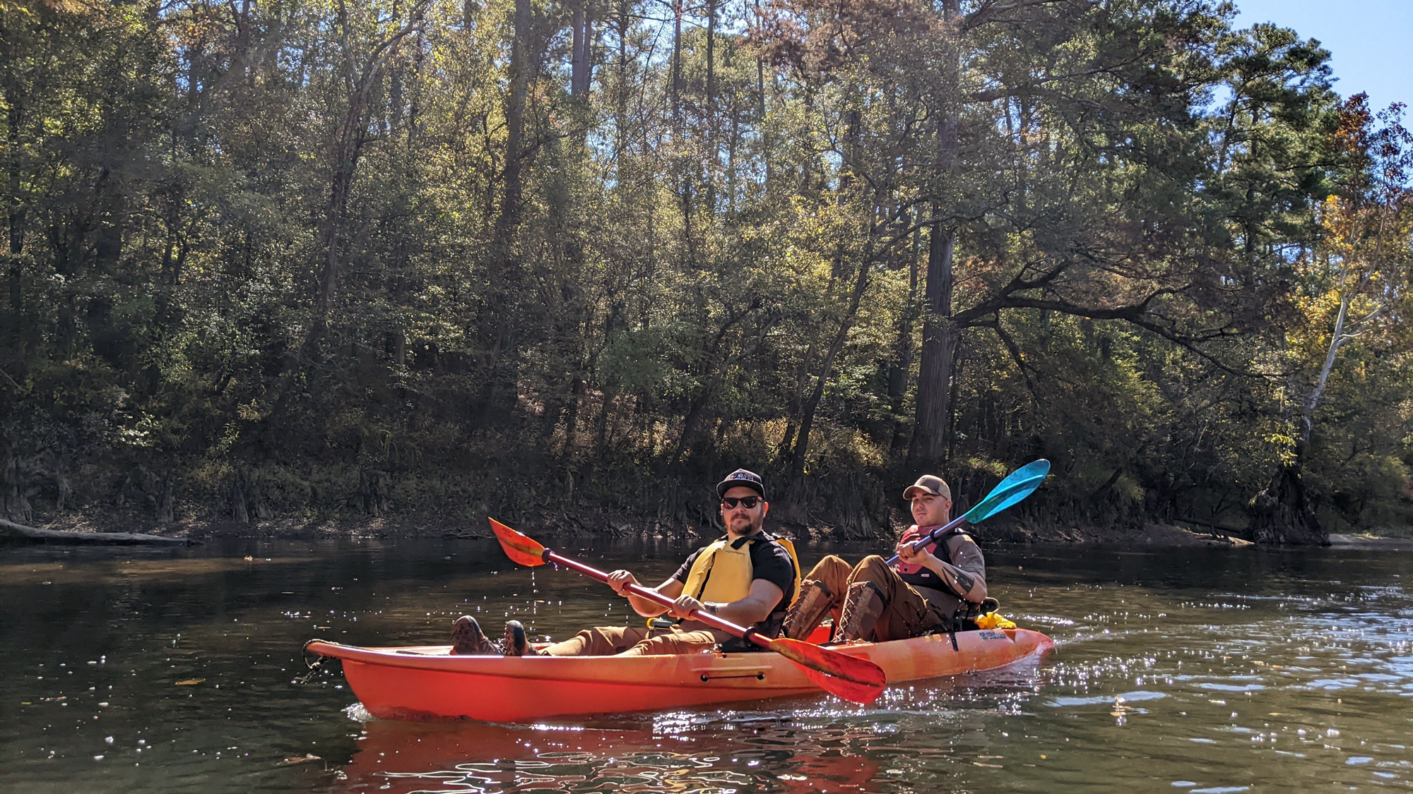 Two men kayaking on the Nottoway River
