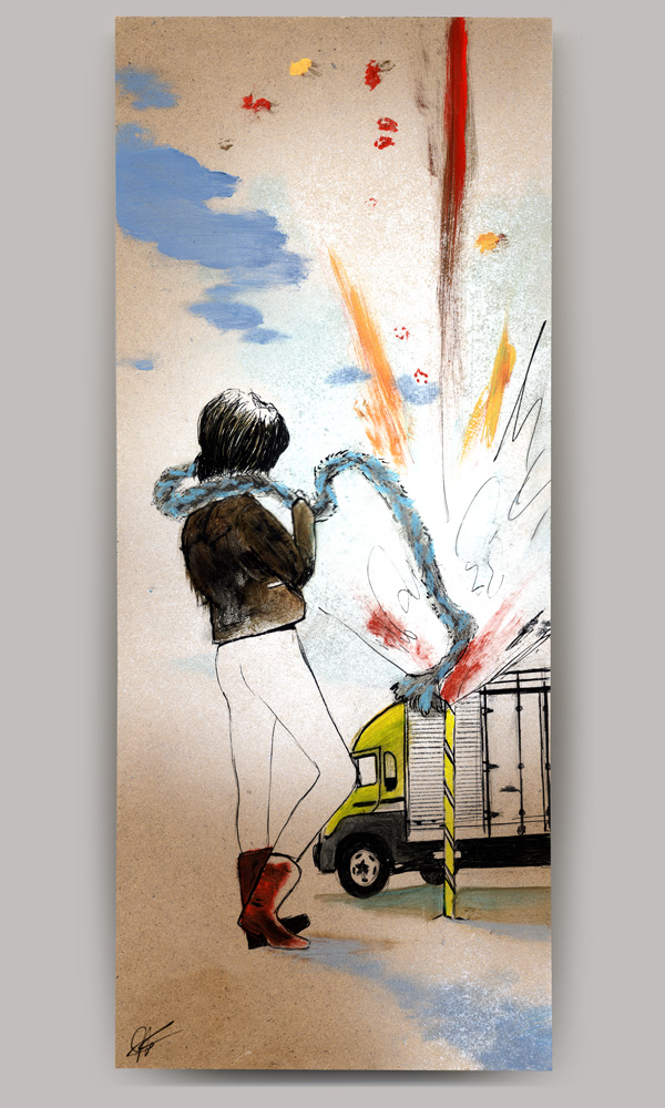 An acrylic painting on wood panel, titled 'Vibrator', of a woman only wearing a heavy coat with her back to the viewer. A roman candle sticking out of the ground is between her and a semitruck in the distance.