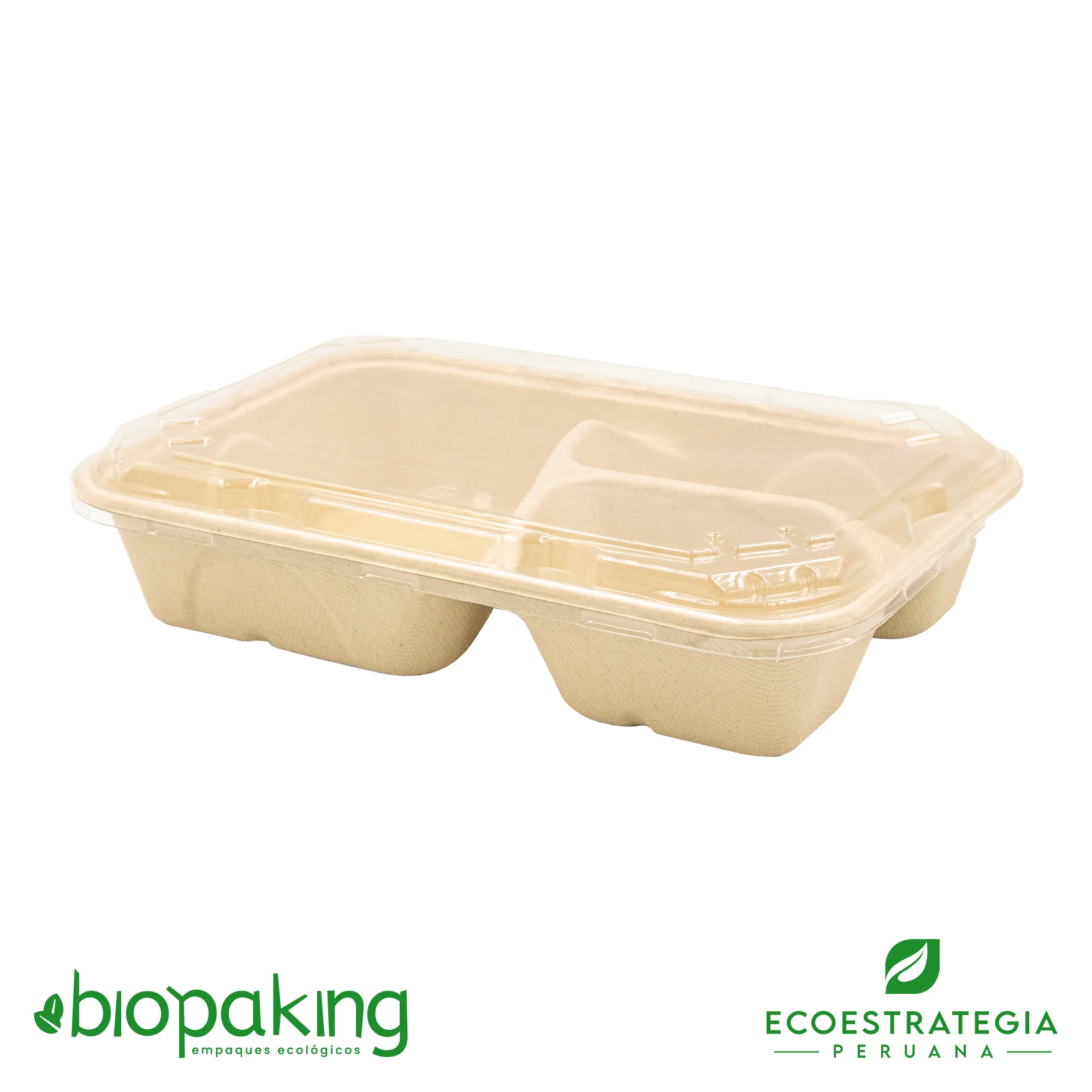 Esta bandeja biodegradable de 3 divisiones es a base de fibra de trigo. Envases descartables con gramaje ideal, cotiza tus empaques, platos y tapers ecológicos
