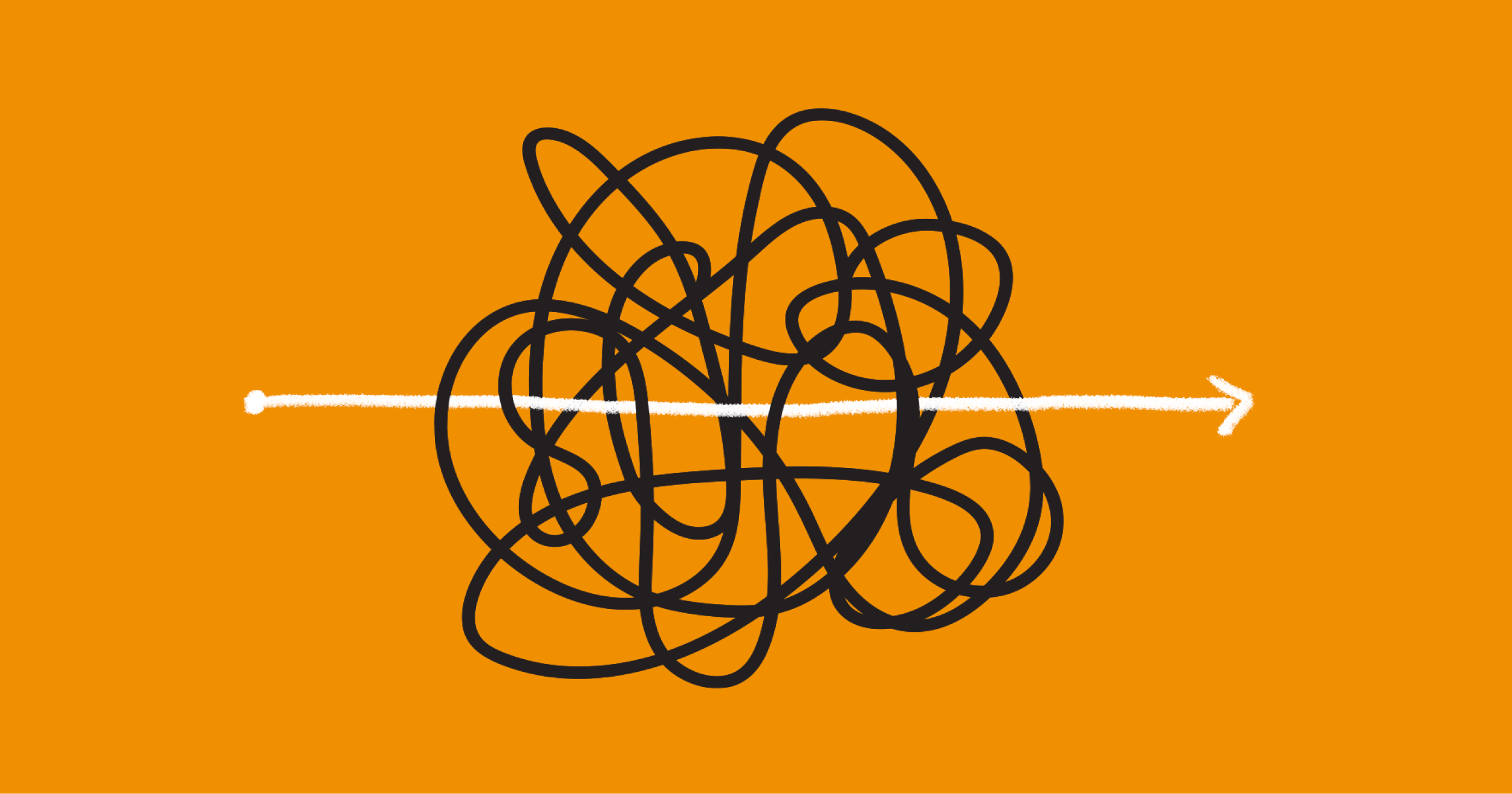 A heavily tangled ball of black lines, with a white line going straight through the middle, against an orange background.