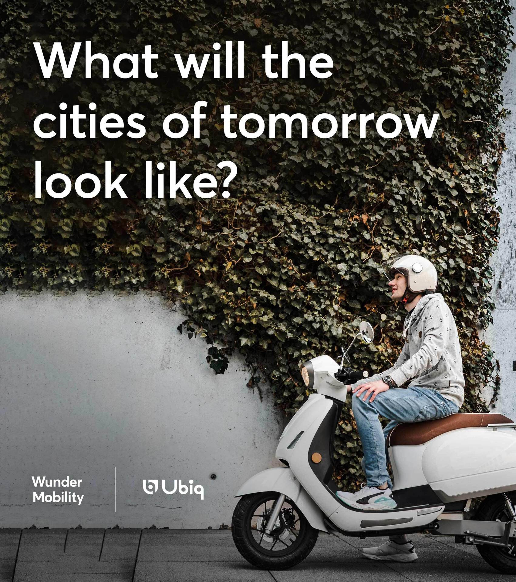 Template titled "What will the cities of tomorrow look like?" featuring an image of a caucasian male riding an e-moped next to a leafy wall.